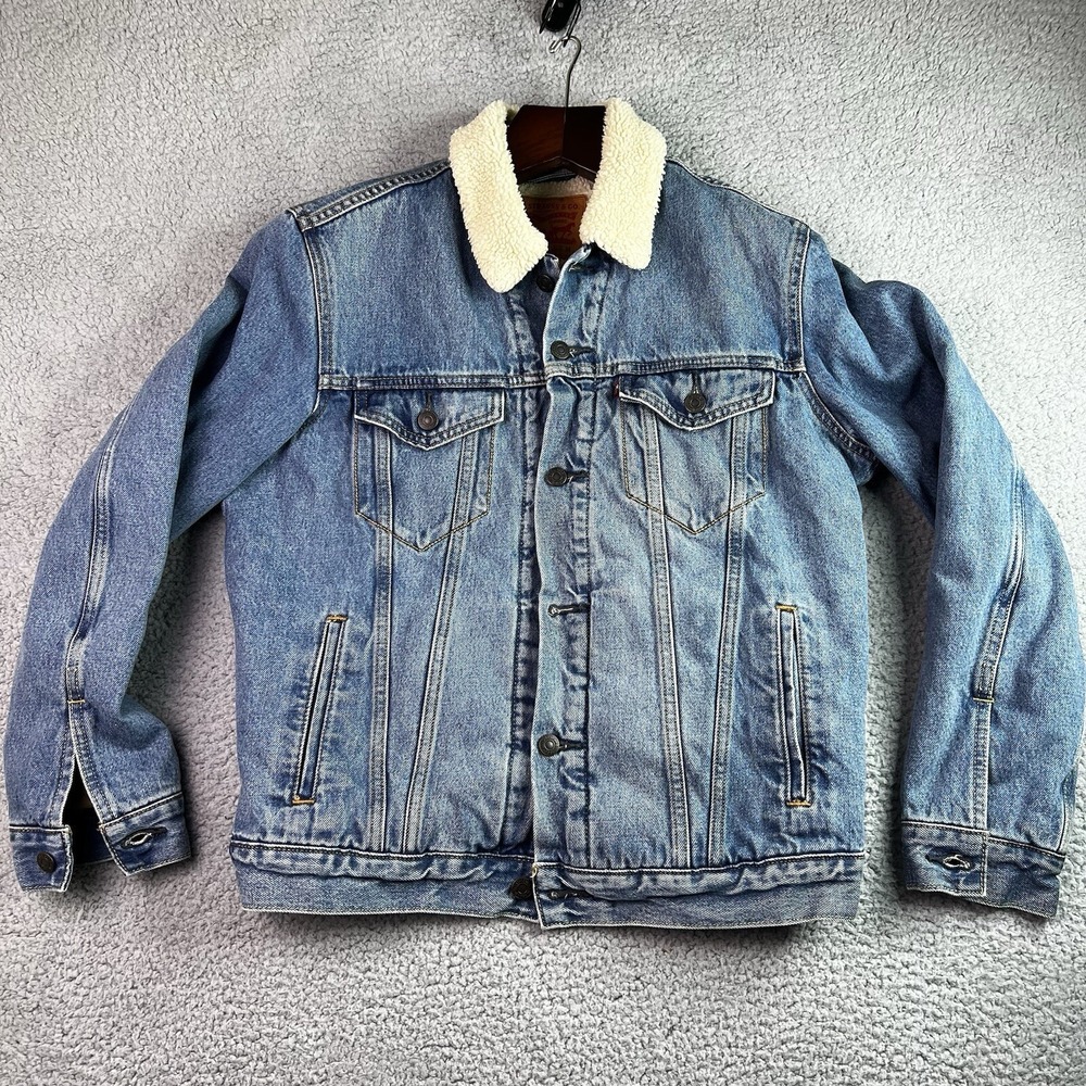 Levis Mens Jean Jacket Blue Flap Pockets‎ Faux Fur Lined Point Collared Button M